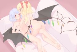 Rule 34 | 2girls, all fours, ass, back, barefoot, bat wings, blonde hair, blue hair, blush, censored, cleft of venus, convenient censoring, couch, crystal, flandre scarlet, full-face blush, full body, hair ribbon, heart, incest, looking at viewer, looking back, lying, mosaic censoring, multiple girls, nude, on back, open mouth, pointy ears, profile, pussy, red eyes, remilia scarlet, ribbon, sakurea, short hair, siblings, side ponytail, sisters, smile, touhou, wings, yuri
