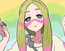 Rule 34 | 1girl, blonde hair, blue eyes, collarbone, colorful, creatures (company), eyebrows, eyelashes, facepaint, fingernails, game freak, half-closed eyes, hands up, jewelry, long hair, mina (pokemon), multicolored background, nintendo, parted bangs, pokemon, pokemon sm, reiesu (reis), ring, shirt, solo, trial captain, triangle mouth, upper body, white shirt