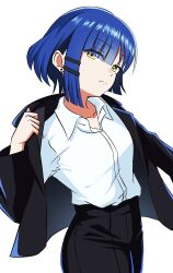 Rule 34 | 1girl, alternate costume, benjamin (user cajx4852), black jacket, black pants, black suit, blue hair, blush, bocchi the rock!, closed mouth, earrings, eyes visible through hair, formal, hair ornament, hairclip, highres, holding, holding clothes, jacket, jewelry, looking at viewer, mole, mole under eye, nose blush, open clothes, open jacket, pants, shirt, short hair, simple background, solo, suit, suit jacket, white background, white shirt, yamada ryo, yellow eyes
