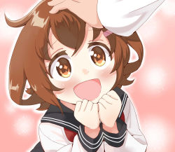 Rule 34 | 10s, 1girl, :d, absurdres, admiral (kancolle), blush, brown eyes, brown hair, clenched hands, diamond-shaped pupils, diamond (shape), excited, fang, hair ornament, hairclip, hand on another&#039;s head, hand to own mouth, happy, head pat, headpat, highres, ikazuchi (kancolle), kantai collection, long sleeves, looking at viewer, looking up, neckerchief, open mouth, pov, pov hands, red neckerchief, school uniform, serafuku, short hair, smile, solo focus, sparkle, symbol-shaped pupils, tonarikeru