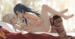 Rule 34 | 2girls, bed, blush, breasts, byleth (female) (fire emblem), byleth (fire emblem), unworn clothes, edelgard von hresvelg, eye contact, feet, fire emblem, fire emblem: three houses, green hair, imminent kiss, imminent penetration, kisetsu, long hair, looking at another, lying, multiple girls, nintendo, nude, on back, open mouth, panties, panties under pantyhose, pantyhose, patterned clothing, sideboob, silver hair, smile, toes, topless, underwear, yuri