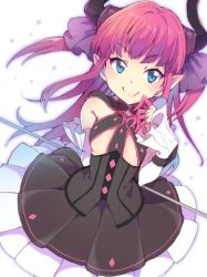 Rule 34 | 10s, 1girl, arm behind back, bad id, bad pixiv id, black dress, blue eyes, closed mouth, cowboy shot, detached sleeves, dress, elizabeth bathory (fate), elizabeth bathory (fate/extra ccc), elizabeth bathory (first ascension) (fate), fate/extra, fate/extra ccc, fate (series), hair ribbon, holding, horns, layered dress, long hair, looking at viewer, nail polish, pink hair, pink nails, pleated dress, pointy ears, ribbon, shimamizu eke, smile, solo, standing, white background