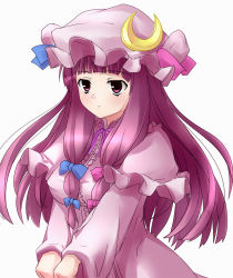 Rule 34 | 1girl, bow, breasts, capelet, crescent, female focus, hair bow, hat, long hair, namamo (kura), patchouli knowledge, purple eyes, purple hair, simple background, solo, touhou, upper body, v arms, white background