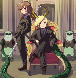 Rule 34 | 2girls, antlers, black jacket, black pants, blonde hair, brown hair, chair, circlet, collared shirt, dragon horns, dragon tail, fatal fury, formal, highres, horns, jacket, kicchou yachie, long sleeves, long tail, looking at viewer, low twintails, monkey tail, multiple girls, necktie, otter, pant suit, pants, red eyes, ruyi jingu bang, shirt, short hair, sitting, son biten, suit, suit jacket, sunglasses, syope, tail, touhou, turtle shell, twintails