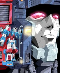 Rule 34 | 1980s (style), 2boys, autobot, blue eyes, closed mouth, commentary request, glowing, glowing eyes, highres, metroplex, multiple boys, no humans, retro artstyle, qhon, red eyes, retro artstyle, standing, transformers, ultra magnus