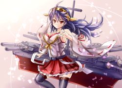 Rule 34 | 10s, 1girl, black hair, black thighhighs, breasts, detached sleeves, haruna (kancolle), headgear, jewelry, kantai collection, large breasts, long hair, nontraditional miko, red eyes, ring, skirt, solo, sumapan, thighhighs, wedding band