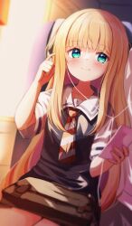 Rule 34 | 1girl, 1other, baram, blonde hair, blurry, blurry background, blush, briefcase, cellphone, closed mouth, commentary request, depth of field, earbuds, earphones, green eyes, highres, holding, holding phone, long hair, mononobe alice, mononobe alice (3rd costume), nijisanji, phone, school briefcase, shared earphones, shirt, short sleeves, sitting, smile, solo focus, sunlight, sunset, sweater vest, train interior, very long hair, virtual youtuber, white shirt, window