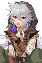 Rule 34 | 1boy, ahoge, bags under eyes, bandaged arm, bandages, belt, brown gloves, earrings, fang, food, genshin impact, gloves, grey hair, hair between eyes, highres, holding, holding food, hood, hood up, jewelry, long hair, male focus, miz (mi), open mouth, pants, partially fingerless gloves, razor (genshin impact), red eyes, scar, scar on arm, scar on face, signature, simple background, solo, white background