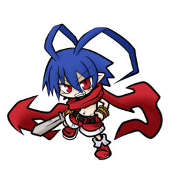 Rule 34 | 1boy, antenna hair, blue hair, bracelet, disgaea, grin, jewelry, laharl, lowres, male focus, navel, pointy ears, red eyes, red scarf, red shorts, scarf, shorts, smile, solo, sword, weapon, yanagi (nurikoboshi)