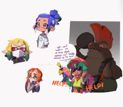 Rule 34 | 2boys, 2girls, :&gt;, arm up, artist name, asymmetrical hair, belt, black-framed eyewear, blonde hair, blue hair, blunt bangs, blush, closed mouth, cohock (splatoon), covered mouth, cropped torso, dark-skinned female, dark skin, english text, expressionless, fangs, finger on trigger, flat chest, forehead, frying pan, glasses, gloves, gradient hair, green gloves, green hair, green overalls, grey background, grey eyes, grey sweater, half-closed eyes, hand up, high-visibility vest, high ponytail, highres, holding, holding frying pan, holding weapon, inkling, inkling boy, inkling girl, inkling player character, jitome, jumpsuit, kamabokobun, lifebuoy, light blush, long sleeves, looking at another, looking down, looking to the side, mask, mohawk, mouth mask, multicolored hair, multiple boys, multiple girls, nervous, nintendo, octoling, octoling boy, octoling girl, octoling player character, opaque glasses, open mouth, orange hair, orange jumpsuit, pink eyes, playing with own hair, pointy ears, pompadour, purple hair, red eyes, red hair, rope, salmon run (splatoon), shading eyes, shirt, short hair, short sleeves, sidelocks, signature, simple background, slime (substance), speech bubble, splatoon (series), splatoon 3, splattershot (splatoon), standing, suction cups, sunglasses, surgical mask, sweat, sweater, swim ring, talking, teeth, tentacle hair, tentacles, thick eyebrows, twintails, two-tone hair, upper body, v-shaped eyebrows, vest, weapon, white shirt, yellow vest