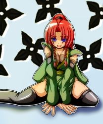 Rule 34 | 1girl, alternate costume, alternate hairstyle, arm support, blue eyes, bow, braid, breasts, cleavage, detached sleeves, eyes visible through hair, hair bow, hair up, high heels, highres, hong meiling, japanese clothes, large breasts, long hair, looking at viewer, open hands, ponytail, red hair, shuriken, side braid, side slit, sitting, sleeveless, slit pupils, smile, smiley face, solo, teikoku gensui, touhou, twin braids, weapon, yokozuwari