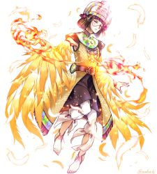 Rule 34 | 1boy, arano hachi, barefoot, black hair, bracelet, cloak, commentary request, facial mark, feathers, fire, full body, hat, jewelry, looking at viewer, pointy ears, quetzalcoatl (megami tensei), shin megami tensei, signature, sleeveless, solo, white background, winged arms, wings, yellow eyes