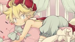 Rule 34 | 1boy, bed, blonde hair, blue eyes, canopy bed, crown, high heels, highres, king, looking at viewer, lying, male focus, on bed, on stomach, original, pocchipocchi, short hair, smile, solo, stuffed animal, stuffed rabbit, stuffed toy, thighhighs, topless male, white thighhighs