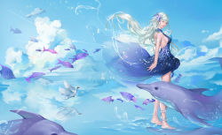 Rule 34 | anklet, backless dress, backless outfit, barefoot, dolphin, dress, closed eyes, fish, flower, hair ornament, highres, jewelry, nyt (huaqing9499), original, silver hair, solo, surreal, walking, walking on liquid, water, wind