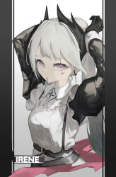 Rule 34 | 1girl, absurdres, arknights, arms behind head, arms up, closed mouth, commentary request, cross, cross earrings, earrings, eyebrows hidden by hair, gradient background, grey background, grey eyes, grey hair, hair tie, hair tie in mouth, highres, irene (arknights), irene (voyage of feathers) (arknights), jewelry, juliet sleeves, long hair, long sleeves, looking at viewer, mouth hold, nero (nero nyam), pink pupils, ponytail, puffy sleeves, scar, scar across eye, shirt, solo, thick eyebrows, very long hair, white background, white shirt