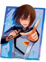 Rule 34 | 1boy, brown hair, gundam, gundam seed, gundam seed freedom, highres, holding, holding microphone, idol, kira yamato, looking at viewer, male focus, microphone, military, military uniform, one eye closed, open mouth, pointing, pointing at viewer, purple eyes, short hair, smile, solo, uniform, witchhisui