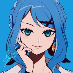 Rule 34 | 1girl, blue background, blue eyes, blue hair, braid, character request, commentary request, copyright request, earrings, hair ornament, hairclip, hand up, jewelry, kisaragi yuu (fallen sky), long hair, looking at viewer, parted lips, portrait, shadow, shirt, signature, simple background, smile, solo, upper body, white shirt