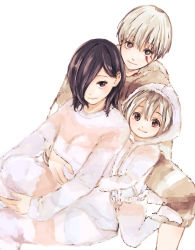 Rule 34 | 1boy, 2girls, absurdres, bad id, bad pixiv id, black hair, brown eyes, child, closed mouth, facial mark, family, father and daughter, grey hair, hair between eyes, hair over one eye, highres, hood, hood up, hug, hug from behind, husband and wife, invisible chair, kaneki ken, kirishima touka, long sleeves, looking at viewer, medium hair, mother and daughter, multiple girls, short hair, simple background, sitting, smile, tokyo ghoul, tokyo ghoul:re, toukaairab, white background