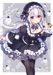 Rule 34 | 1girl, :o, bell, black bow, black dress, black hat, black pantyhose, blush, bow, breasts, cleavage, commentary request, dress, floating hair, floral background, flower, frilled dress, frills, ghost, gothic lolita, grey background, grey ribbon, hair between eyes, hat, holding, holding bell, juliet sleeves, leaning forward, lily of the valley, lolita fashion, long hair, long sleeves, looking at viewer, medium breasts, mini hat, mitsuba choco, original, pantyhose, parted lips, puffy sleeves, red eyes, silver hair, solo, tilted headwear, two-tone background, very long hair, white background, wide sleeves