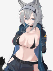 Rule 34 | 2girls, animal ears, arknights, armband, asususususu, belt, bikini, bikini under clothes, black bikini, black choker, black jacket, blue eyes, breasts, choker, cleavage, closed mouth, collarbone, commentary request, finger to mouth, grani (arknights), highres, hip vent, horse ears, horse girl, index finger raised, jacket, long hair, long sleeves, looking at viewer, looking up, medium breasts, multiple girls, navel, open clothes, open jacket, ponytail, shushing, sidelocks, silhouette, silver hair, skadi (arknights), smile, stomach, swimsuit, visor cap, visor lift, white background