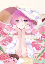 Rule 34 | 1girl, absurdres, alternate costume, blush, closed mouth, collarbone, commentary request, doughnut, dress, earrings, eyes visible through hair, fate/grand order, fate (series), flower, flower earrings, food, hair over one eye, hands on own face, hat, head rest, highres, jewelry, leaf, looking at viewer, mash kyrielight, misaki346, pink flower, pink hair, plate, purple eyes, short hair, signature, sleeveless, sleeveless dress, smile, solo, sun hat, table, upper body, white dress, white flower