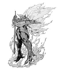 Rule 34 | absurdres, fiery wings, fire, floating, greyscale, highres, holding, holding sword, holding weapon, ishiyumi, looking down, magic knight rayearth, mashin, mecha, monochrome, no humans, rayearth (character), robot, solo, sword, weapon, white background, wings