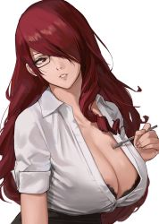 Rule 34 | 1girl, bespectacled, black bra, bra, bra peek, breasts, brown eyes, cleavage, collared shirt, glasses, hair over one eye, highres, holding, holding pen, j@ck, kirijou mitsuru, large breasts, lips, long hair, looking at viewer, paid reward available, parted lips, pen, persona, persona 3, red hair, scoop neck, shirt, simple background, sleeves rolled up, underwear, upper body, white background, white shirt