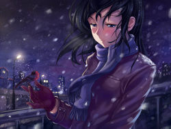 Rule 34 | 1girl, atomix, bird, bird on hand, black hair, blue eyes, blush, building, coat, gloves, half-closed eyes, lamppost, light smile, long hair, night, original, outstretched hand, purple scarf, scarf, snowing, solo, upper body