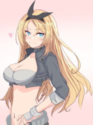 Rule 34 | 1girl, bandeau, black hairband, blonde hair, blue eyes, breasts, collar, commentary request, cowboy shot, cropped jacket, fingerless gloves, gloves, gradient background, grey bandeau, grey gloves, grey jacket, hairband, highres, jacket, kantai collection, large breasts, looking at viewer, midriff, navel, nelson (kancolle), nitamako (sakamalh), official alternate costume, pink background, race queen, solo