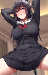 Rule 34 | 1girl, arms behind head, arms up, belt, black belt, black dress, black hair, black shirt, black skirt, black sleeves, blue eyes, blurry, blurry background, blush, bow, bowtie, breasts, commentary request, dress, heart, heart-shaped pupils, highres, indoors, jack dempa, large breasts, long hair, long sleeves, looking at viewer, miyamae shiho (jack dempa), mole, mole under eye, necktie, original, parted lips, red bow, red bowtie, red necktie, sailor collar, school uniform, serafuku, shirt, shirt tucked in, skirt, smile, solo, spread legs, symbol-shaped pupils, thighs, uniform, white sailor collar