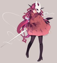 Rule 34 | 1girl, absurdres, black pantyhose, cloak, grey background, highres, holding, holding weapon, hollow knight, hololive, hololive english, hornet (hollow knight), horns, irys (hololive), long hair, mask, namiorii, needle (hollow knight), pantyhose, pointy ears, purple eyes, purple hair, red cloak, simple background, standing, thread, virtual youtuber, weapon