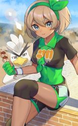 Rule 34 | 1girl, :t, bea (pokemon), blonde hair, blush, bodysuit, bodysuit under clothes, bow hairband, breasts, cloud, collared shirt, commentary request, covered navel, creatures (company), dark-skinned female, dark skin, day, dynamax band, eating, eyelashes, game freak, gen 8 pokemon, gloves, green bodysuit, green hairband, grey eyes, hair between eyes, hairband, highres, holding, katwo, knee pads, looking at viewer, nintendo, outdoors, partially fingerless gloves, pokemon, pokemon (creature), pokemon masters ex, print shirt, print shorts, shiny skin, shirt, short hair, short sleeves, shorts, side slit, side slit shorts, sirfetch&#039;d, sitting, skewer, sky