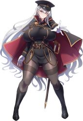 Rule 34 | 1girl, belt, boots, breasts, cape, gloves, hat, highres, huge breasts, jacket, knee boots, konoshige (ryuun), long hair, looking at viewer, military, military hat, military jacket, military officer (konoshige), military uniform, narrow waist, original, pantyhose, peaked cap, riding boots, sheath, simple background, solo, sword, thick thighs, thighs, uniform, very long hair, weapon, white background, white hair, wide hips
