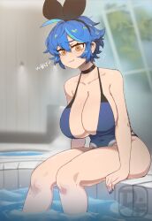 Rule 34 | 1girl, ?, ahoge, bare arms, bare legs, bare shoulders, black bow, black choker, blue hair, blue nails, blue one-piece swimsuit, bow, breasts, breath, choker, collarbone, commentary, covered navel, day, dif (difman), difman, dyed ahoge, english commentary, english text, expression request, grey sky, headdress, highres, huge breasts, indoors, lights, looking at viewer, medium bangs, messy hair, mole, mole under eye, motion lines, one-piece swimsuit, original, pool, pov, sideboob, sky, soaking feet, solo, swimsuit, trembling, wide hips, window, yellow eyes