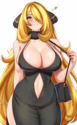 Rule 34 | 1girl, anisdrawn, bag, bare arms, bare shoulders, black dress, black eyes, blonde hair, breasts, cleavage, clothing cutout, commentary, cowboy shot, creatures (company), cynthia (pokemon), dress, eyeshadow, game freak, handbag, heart, highres, large breasts, makeup, navel, navel cutout, nintendo, pokemon, pokemon dppt, solo, standing