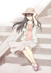 Rule 34 | 1girl, armpit peek, bad id, bad pixiv id, be blues!, black hair, coeda, collarbone, etou aiko, hand on headwear, hat, highres, long hair, looking at viewer, sandals, sitting, solo, stairs, sun hat