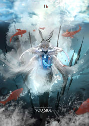 Rule 34 | 1girl, absurdres, animal ears, arknights, black legwear, blurry, blurry background, bubble, closed eyes, coat, commentary request, depth of field, fish, floating, floating hair, frostnova (arknights), hair between eyes, hair ornament, hairclip, highres, hzw3, ice, koi, long hair, no shoes, rabbit ears, signature, smile, solo, torn clothes, torn coat, torn sleeves, underwater, white coat