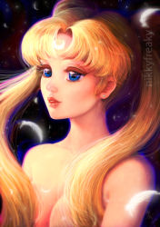 Rule 34 | 1girl, artist name, bishoujo senshi sailor moon, blonde hair, blue eyes, breasts, crescent, crescent facial mark, dated, double bun, earrings, facial mark, feathers, female focus, forehead mark, hair censor, jewelry, nicole jimenez, signature, solo, stud earrings, topless frame, tsukino usagi, twintails, upper body