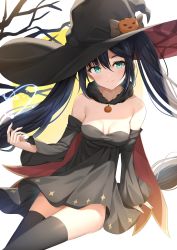 Rule 34 | 1girl, alternate costume, aqua eyes, bad id, bad twitter id, bare tree, black dress, black hair, black thighhighs, breasts, capelet, closed mouth, commentary request, detached sleeves, dress, fur collar, genshin impact, halloween, halloween costume, hat, hat ornament, highres, jewelry, kanaria hisagi, long hair, medium breasts, mona (genshin impact), mona (halloween) (genshin impact), pendant, pumpkin, sidelocks, sitting, smile, solo, strapless, strapless dress, thighhighs, tree, twintails, very long hair, witch hat, zettai ryouiki