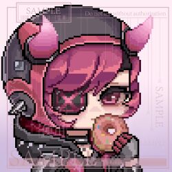 Rule 34 | 1girl, animification, apex legends, black choker, black gloves, black jacket, black shirt, chibi, chinese commentary, choker, cyber punked wattson, doughnut, food, gloves, holding, holding food, hood, hood down, horns, jacket, looking at viewer, official alternate costume, one eye covered, patch, pink background, pink eyes, pixel art, portrait, red hair, sample watermark, shirt, short hair, solo, spikes, watermark, wattson (apex legends), yo yi