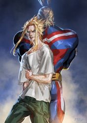 Rule 34 | all might, antenna hair, back-to-back, blonde hair, blue eyes, bodysuit, boku no hero academia, dual persona, green pants, hair slicked back, highres, jane mere, long bangs, male focus, manly, muscular, pants, shirt, simple background, spiked hair, white shirt, yagi toshinori