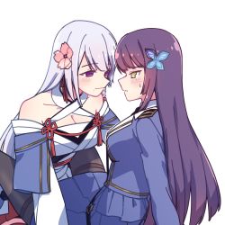 Rule 34 | 2girls, assault lily, bare shoulders, belt, black belt, black necktie, black pantyhose, blue jacket, blue skirt, blunt bangs, blush, braid, breasts, butterfly hair ornament, byugwaeng deokjilgye, cleavage, closed mouth, commentary request, criss-cross halter, epaulettes, eye contact, face-to-face, flower, flower knot, from side, funada kiito, funada ui, green eyes, grey hair, hair flower, hair ornament, hair ribbon, halterneck, highres, incest, jacket, japanese clothes, kimono, kimono skirt, knees up, korean commentary, leaning forward, light smile, long hair, long sleeves, looking at another, medium breasts, miniskirt, mole, mole under eye, mole under mouth, multiple girls, necktie, no pupils, obi, obijime, pantyhose, parted lips, pink flower, pleated skirt, profile, purple eyes, purple hair, red ribbon, ribbon, sash, short kimono, siblings, side braid, sidelocks, simple background, single braid, sisters, sitting, skirt, sweatdrop, tassel, thighband pantyhose, very long hair, white background, white kimono, yuri