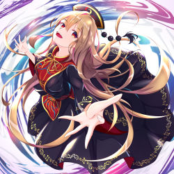 Rule 34 | 1girl, :d, absurdres, black dress, blonde hair, breasts, commentary request, dress, hair between eyes, head tilt, headdress, highres, huge filesize, junko (touhou), long hair, long sleeves, looking at viewer, medium breasts, neck ribbon, open mouth, red eyes, ribbon, smile, solo, tabard, tassel, touhou, wide sleeves, yamanakaume, yellow ribbon
