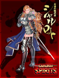 Rule 34 | 1girl, armor, black gloves, black thighhighs, blonde hair, blue eyes, boots, breastplate, brown footwear, charlotte christine de colde, clean x, cross-laced footwear, curly hair, elbow gloves, flower, gloves, gradient background, high heel boots, high heels, knight, lace-up boots, long hair, pauldrons, rapier, rose, samurai spirits, shoulder armor, snk, solo, sword, thigh boots, thighhighs, weapon, zettai ryouiki