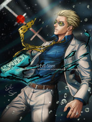 Rule 34 | 1boy, arm up, artist name, aura, belt, blonde hair, blood drip, blue shirt, breast pocket, bubble, collared shirt, cowboy shot, deviantart username, dutch angle, evil-siren, facebook username, forehead, formal, glasses, goggles, green-tinted eyewear, grey-framed eyewear, half-closed eyes, holding, holding sword, holding weapon, jacket, jaguar print, jujutsu kaisen, long sleeves, male focus, nanami kento, necktie, open clothes, open jacket, outstretched arm, pants, parted lips, pince-nez, pocket, print necktie, shirt, shirt tucked in, short hair, signature, solo, standing, suit, suspenders, sword, tinted eyewear, twitter username, watermark, weapon, web address, white jacket, white pants, yellow necktie