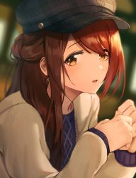 1girl, absurdres, blurry, blurry background, brown hair, commentary request, earrings, hat, highres, idolmaster, idolmaster shiny colors, jewelry, long hair, long sleeves, looking at viewer, osaki tenka, portrait, solo, upper body, ven (ven neojio), yellow eyes