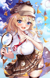Rule 34 | 1girl, :d, artist name, blonde hair, blue eyes, blurry, blurry background, blush, bow, breasts, brown bow, brown hat, brown skirt, brown thighhighs, bubble, collarbone, collared shirt, commentary, day, deerstalker, depth of field, dress shirt, fingernails, ginkgo leaf, hair between eyes, hands up, hat, highres, holding, hololive, hololive english, leaf, long hair, looking at viewer, magnifying glass, medium breasts, open mouth, outdoors, plaid, plaid headwear, plaid skirt, pleated skirt, pocket watch, red neckwear, round teeth, shirt, short sleeves, single thighhigh, skirt, smile, solo, squchan, teeth, thighhighs, upper teeth only, virtual youtuber, watch, watson amelia, watson amelia (1st costume), white shirt