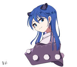 Rule 34 | 1girl, :3, animal ears, blue eyes, blue hair, capelet, closed mouth, cropped shoulders, dated, doremy sweet, from side, head tilt, highres, long hair, looking at viewer, maple-xf, no headwear, pom pom (clothes), portrait, simple background, smile, solo, touhou, white background
