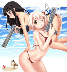 Rule 34 | 3girls, ass, ass grab, bare shoulders, bikini, black bikini, black hair, blonde hair, blue sky, blush, breasts, chibi, closed mouth, collarbone, from behind, gun, hase yu, holding, holding gun, holding weapon, inoue takina, kurumi (lycoris recoil), leaning forward, lifting another&#039;s clothes, lifting person, long hair, looking at viewer, looking back, lycoris recoil, medium breasts, multiple girls, navel, nishikigi chisato, one-piece swimsuit, one eye closed, purple eyes, red bikini, red eyes, short hair, sky, standing, swimsuit, wavy mouth, weapon, wink, yellow one-piece swimsuit, yuri