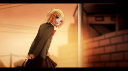 Rule 34 | 1girl, :d, bag, blazer, blonde hair, blue eyes, blurry, bow, bowtie, depth of field, flat chest, from behind, hair ornament, hairclip, kagamine rin, letterboxed, looking back, open mouth, orange (vocaloid), outdoors, pleated skirt, road, school bag, school uniform, short hair, skirt, smile, solo, street, sunset, tama (songe), vocaloid